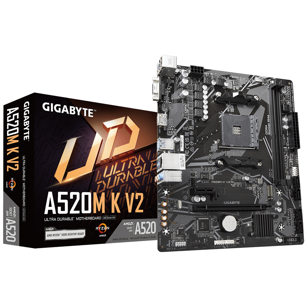 Дънна платка GIGABYTE A520M K V2, Socket AM4, mATX, 2xDDR4, M.2 NVMe - GA-MB-A520M-K-V2 Дънна платка GIGABYTE A520M K V2, Socket AM4, mATX, 2xDDR4, M.2 NVMe - GA-MB-A520M-K-V2